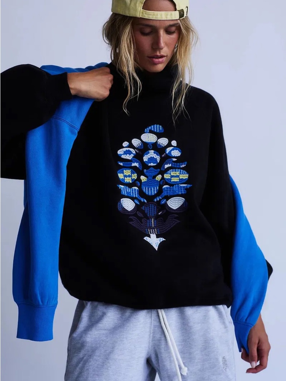 FP Movement by Free People Black Pullover Sweatshirt with Blue Embroidered Motif
